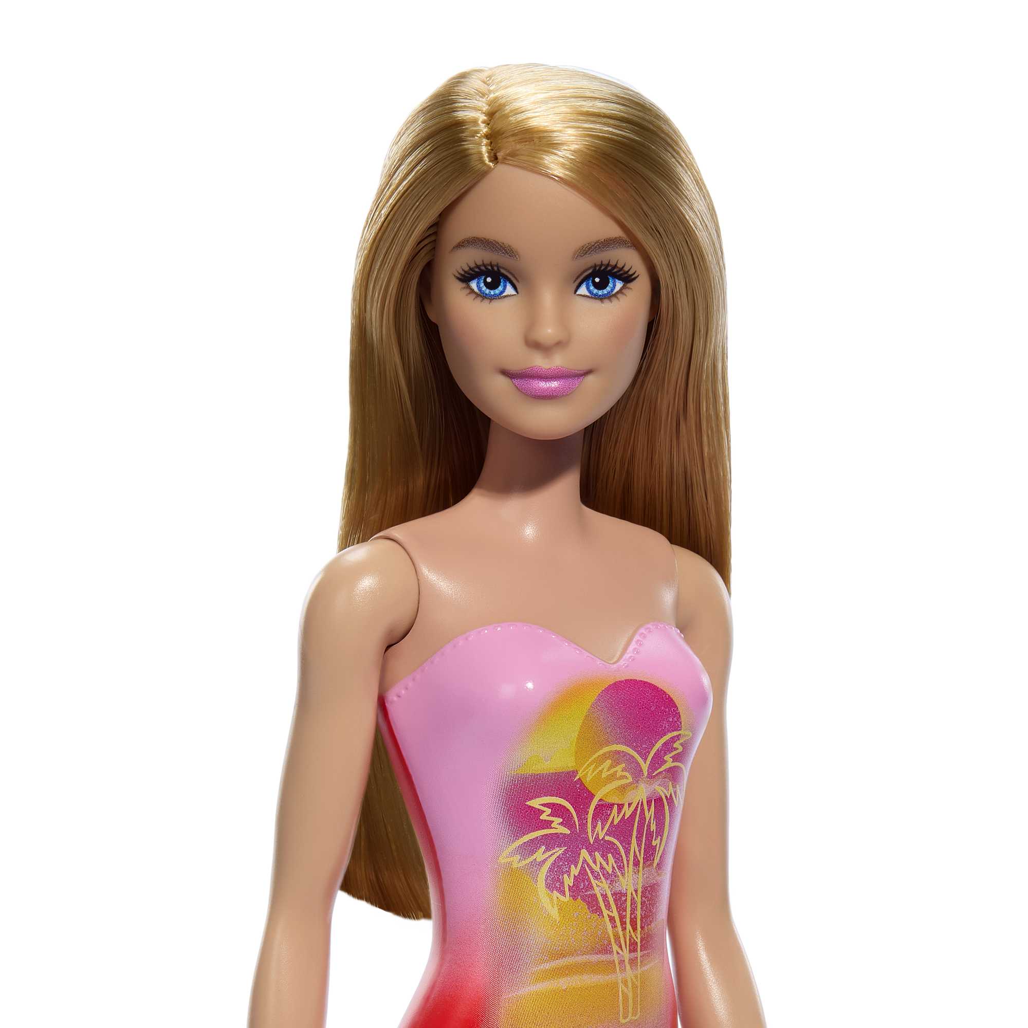 Beach Barbie Doll With Blond Hair Wearing Pink Palm Tree-Print Swimsuit - Image 2