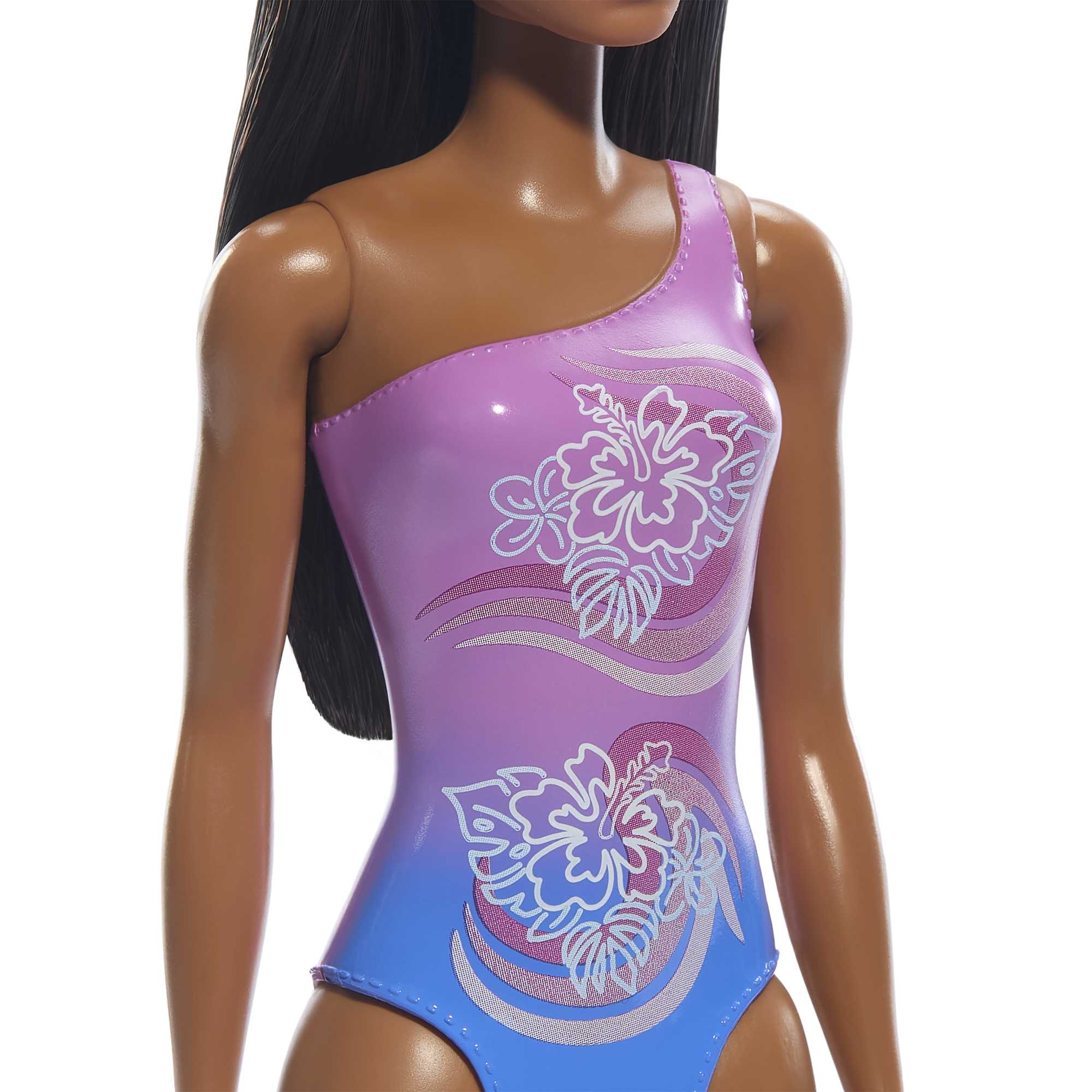 Beach Barbie Doll With Dark Brown Hair Wearing Tropical Purple Swimsuit - Image 3