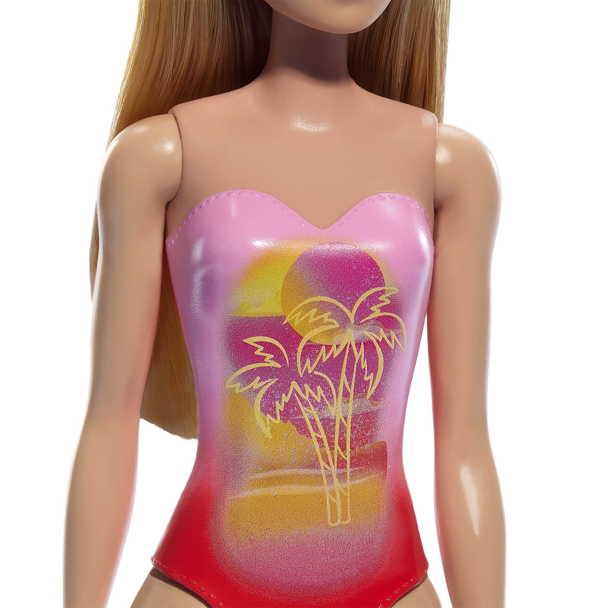 Beach Barbie Doll With Blond Hair Wearing Pink Palm Tree-Print Swimsuit - Image 3