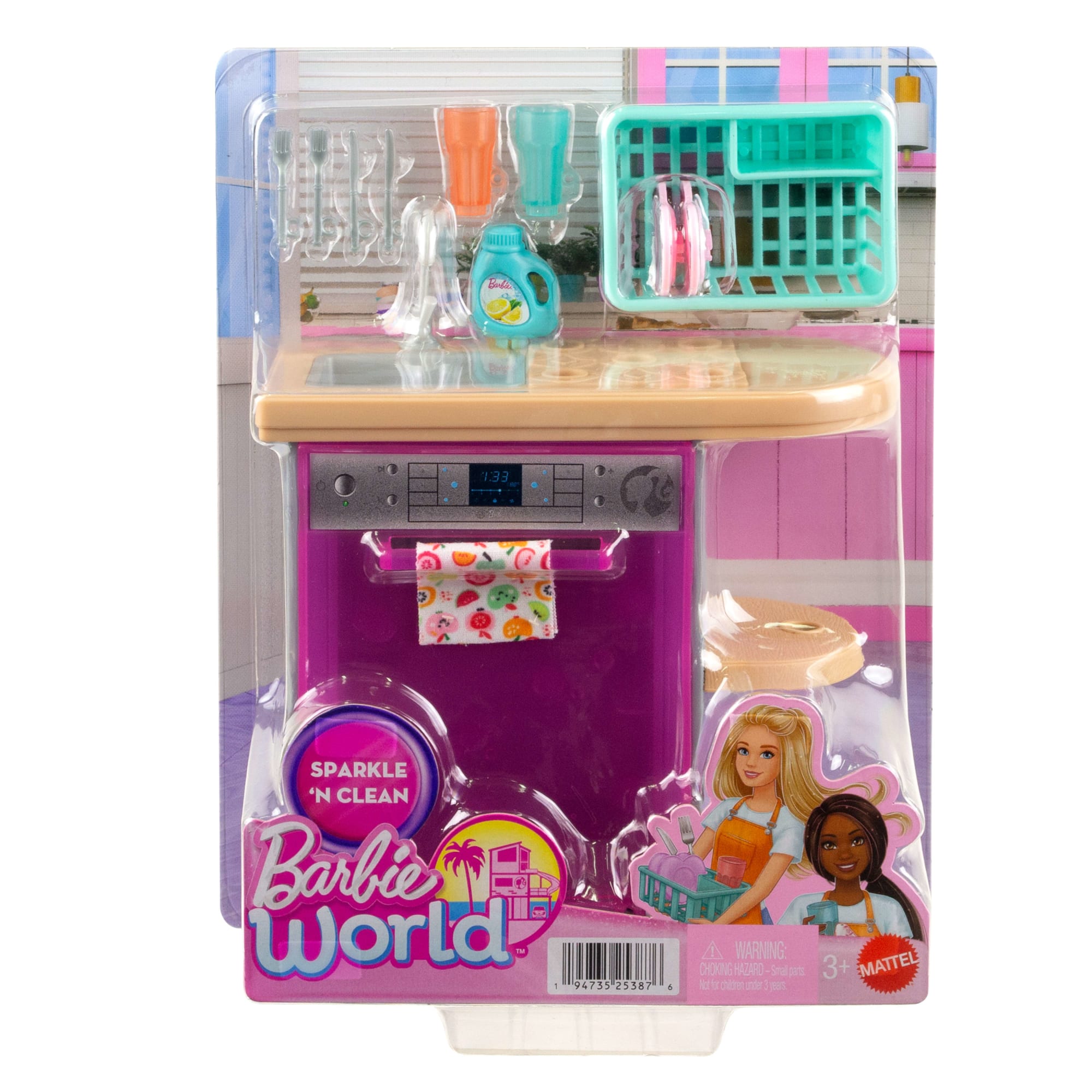Barbie World Toy Dishwasher Set With 9 Dollhouse Kitchen Accessories Including Plates. Drying Rack. & More - Image 5