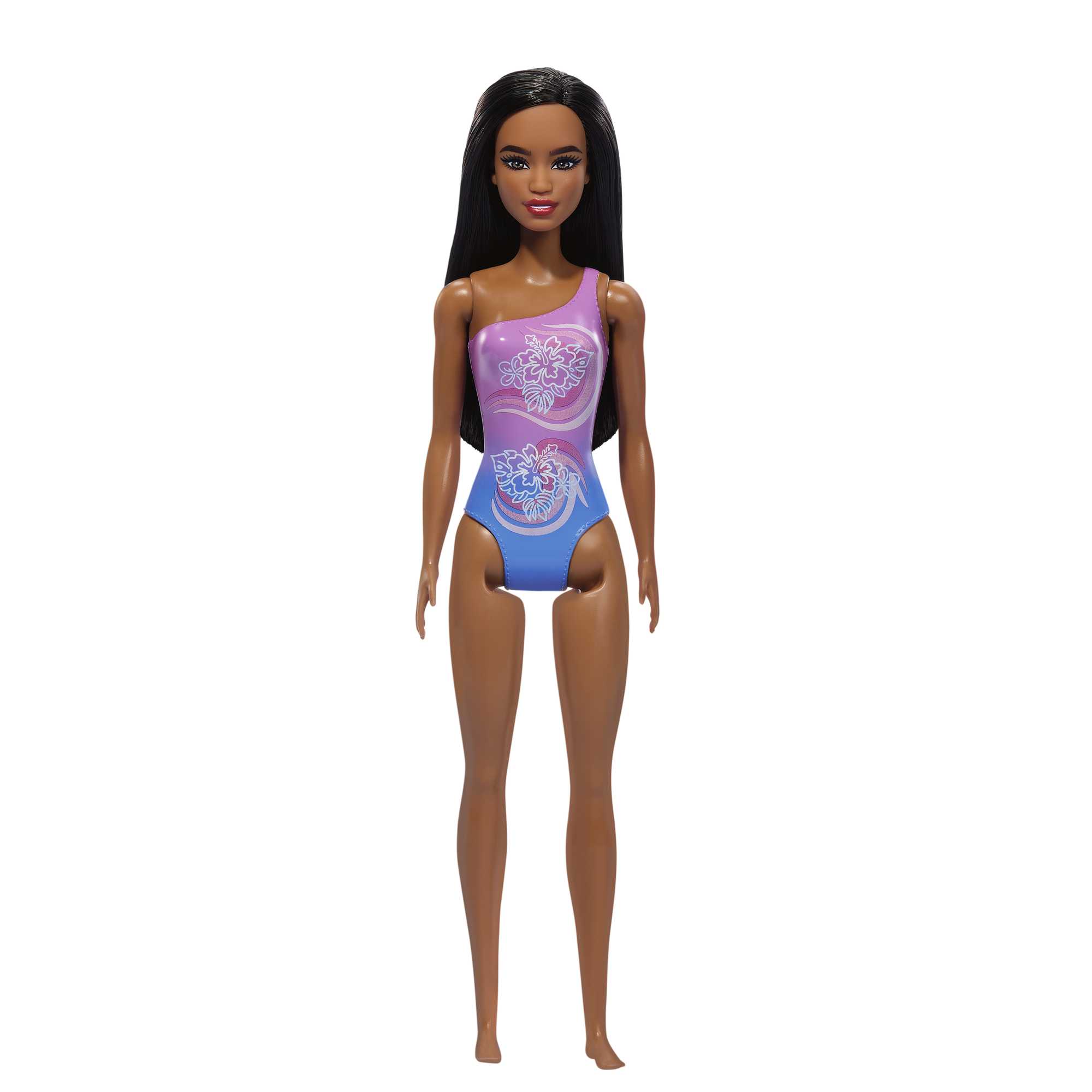 Beach Barbie Doll With Dark Brown Hair Wearing Tropical Purple Swimsuit - Image 4
