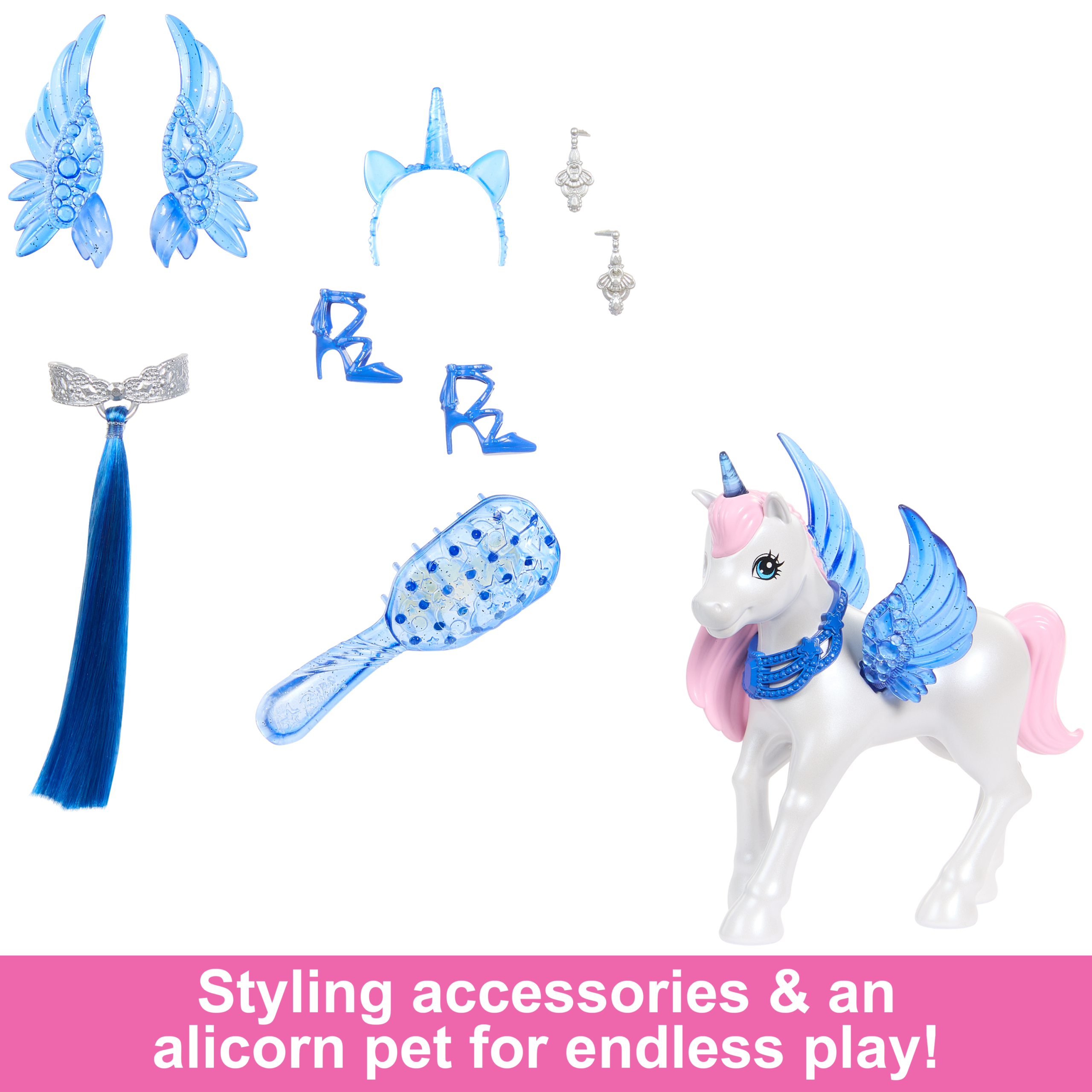 Barbie Unicorn Toy. 65th Anniversary Doll With Blue Hair. Pink Gown & Pet Alicorn - Image 3