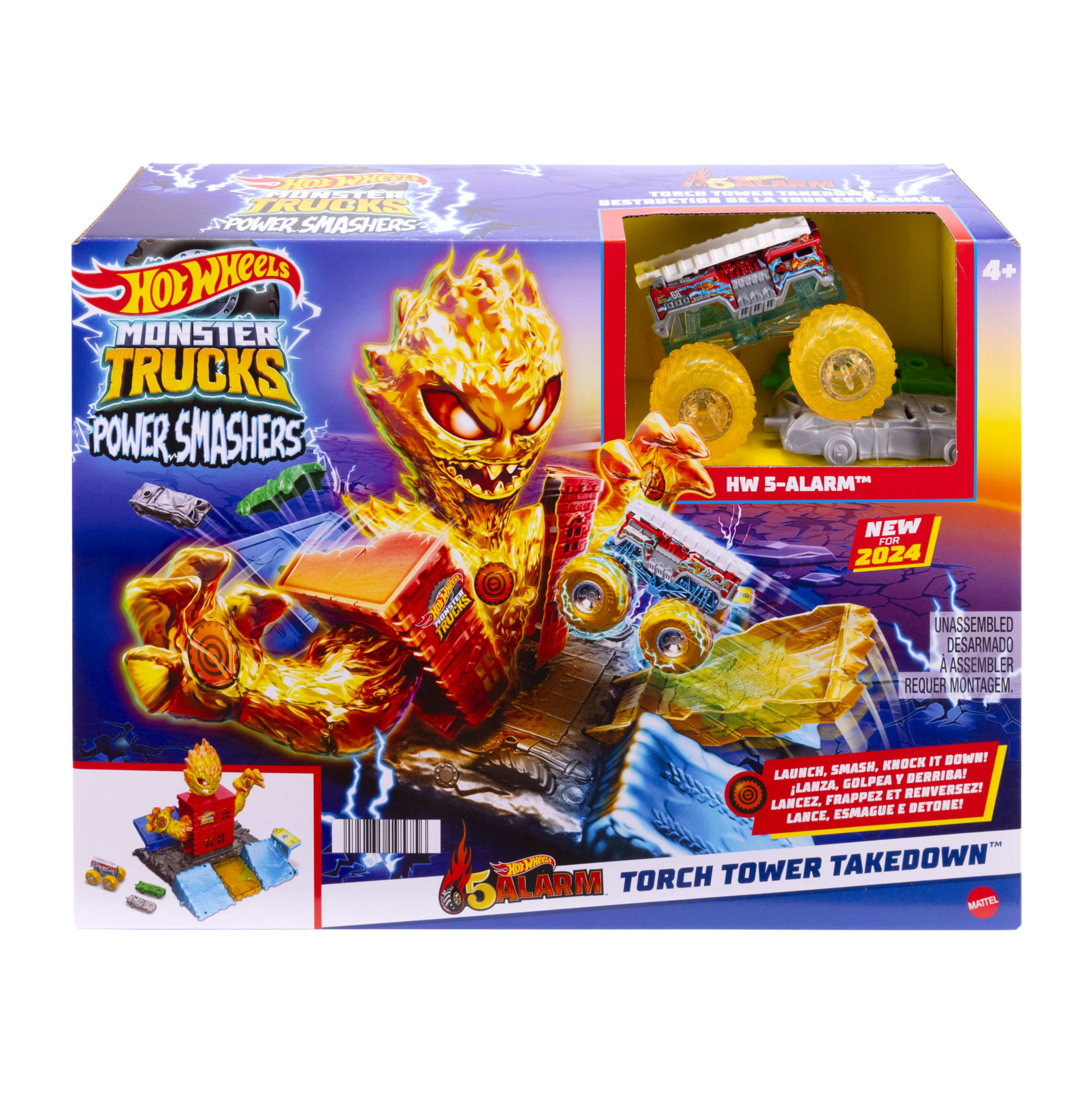Hot Wheels Monster Trucks Power Smashers 5-Alarm Torch Tower Takedown Playset With 1:64 Scale Toy Truck & 2 Crushed Cars - Image 6