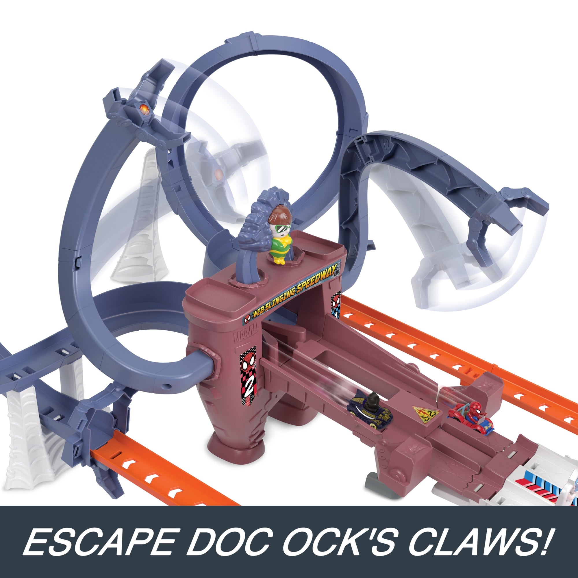 Hot Wheels Racerverse Spider-Man's Web-Slinging Speedway Track Set With 2 Hot Wheels Racers - Image 4