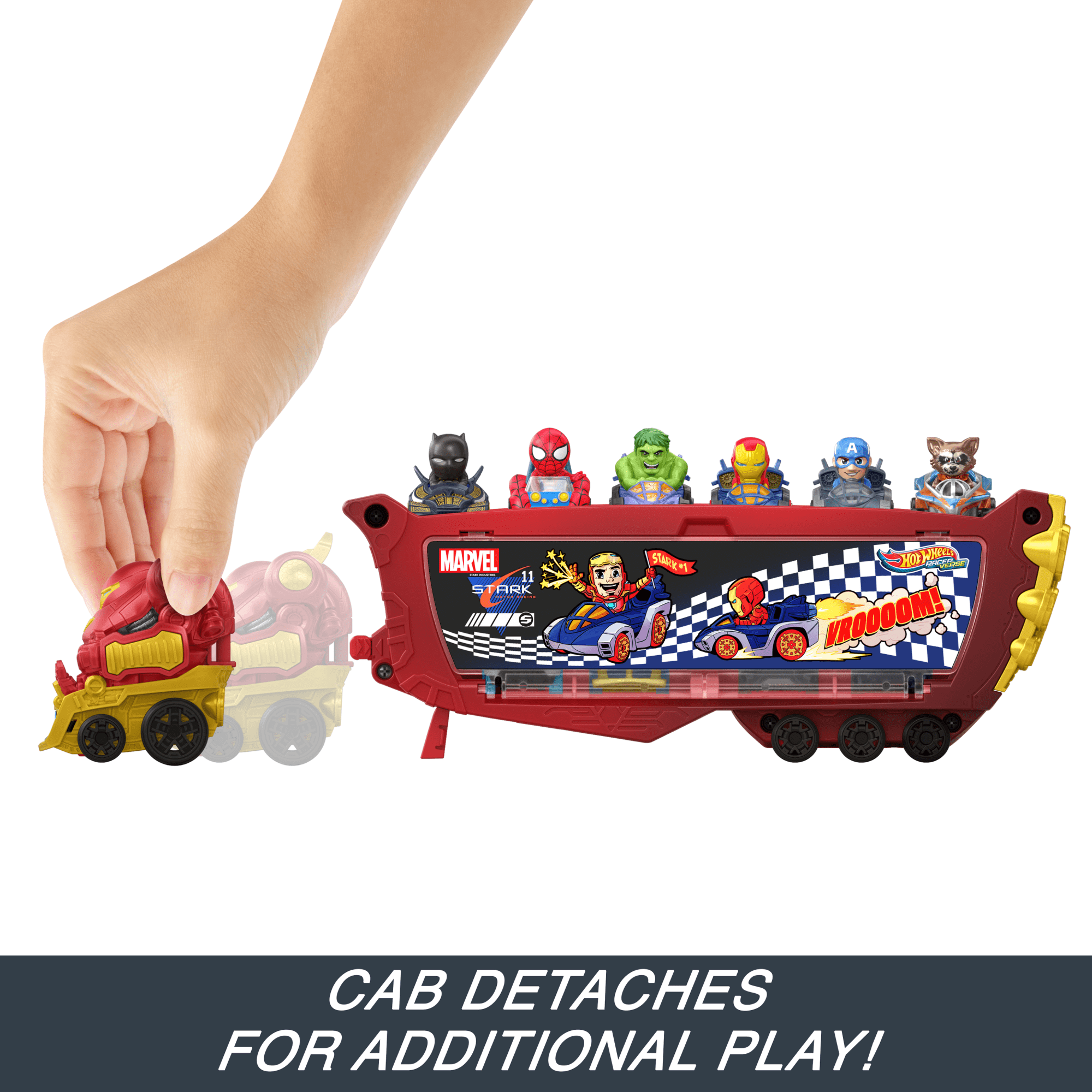 Hot Wheels Racerverse Marvel Hulkbuster Hauler. Stores Up To 10 Toy Cars. Detachable Cab With Flip-Up Helmet & Non-Removable Figure - Image 2