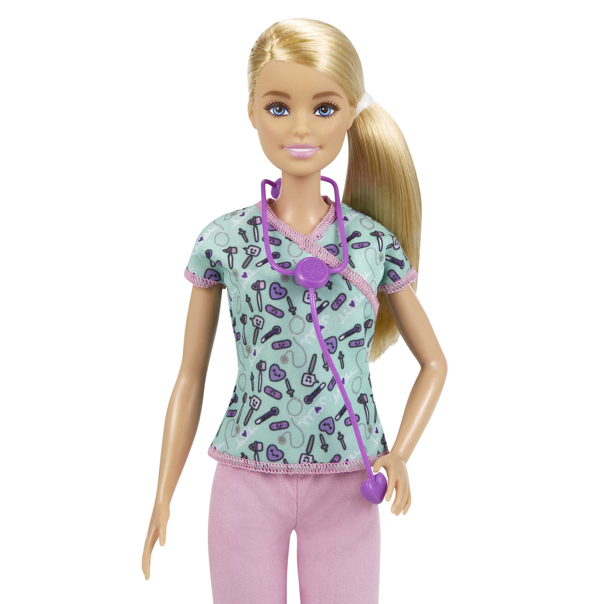 Barbie Nurse Fashion Doll Dressed in Medical Scrubs. White Shoes & Stethoscope Accessory - Image 4