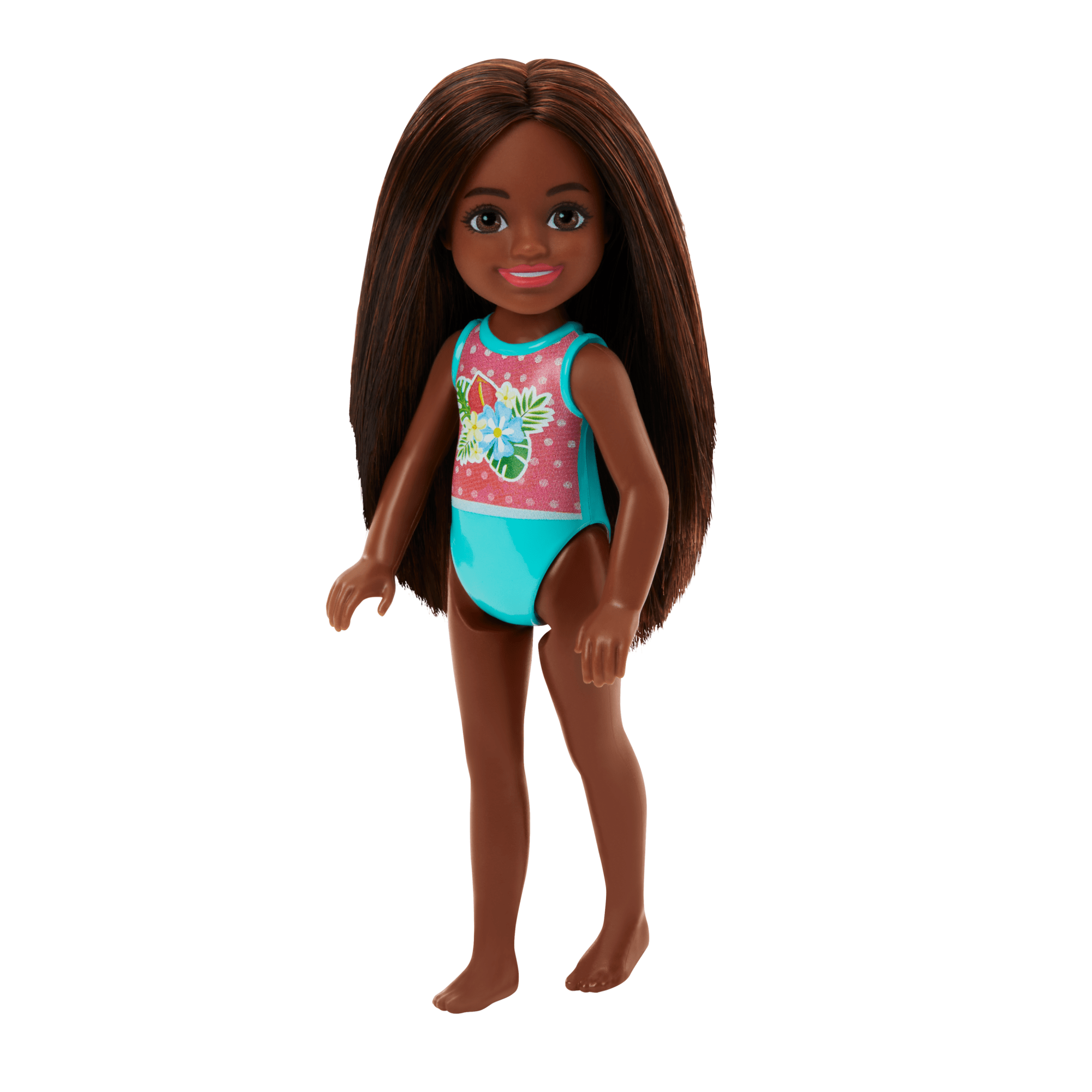 Barbie Chelsea Small Doll With Beach Swimsuit. Polka Dot & Floral Print. Brown Hair & Brown Eyes