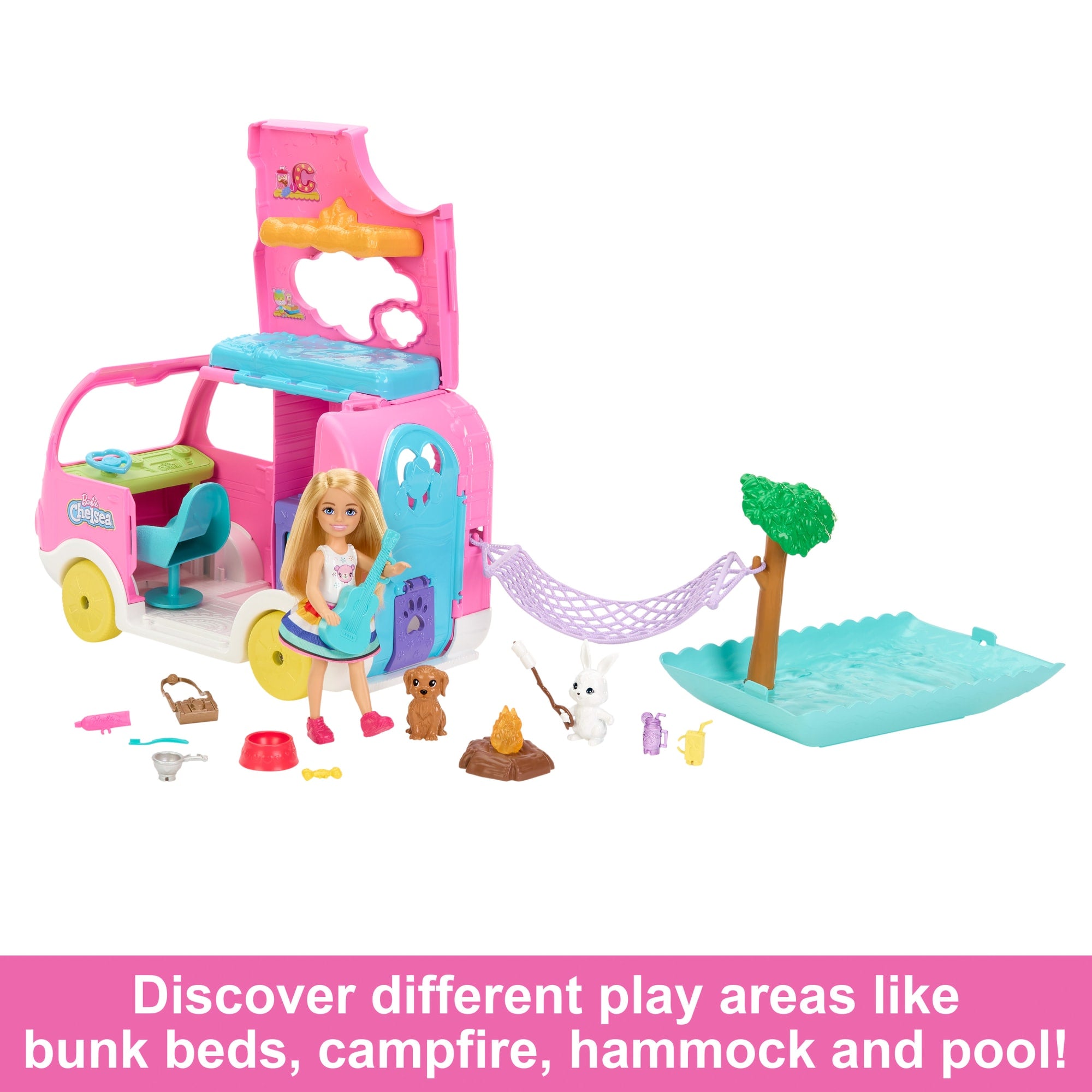 Barbie Chelsea 2-in-1 Camper Playset With Chelsea Small Doll. 2 Pets & 15 Accessories - Image 4