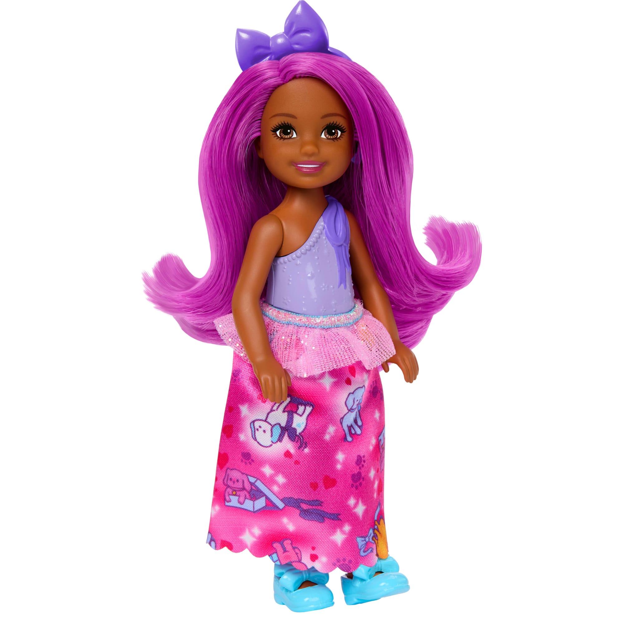 Royal Chelsea Barbie Doll With Pink Hair. Colorful Printed Skirt