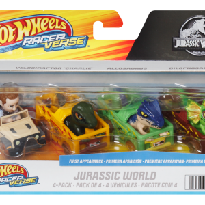 Hot Wheels Racerverse. Set Of 4 Die-Cast Hot Wheels Cars With Jurassic World Characters As Drivers
