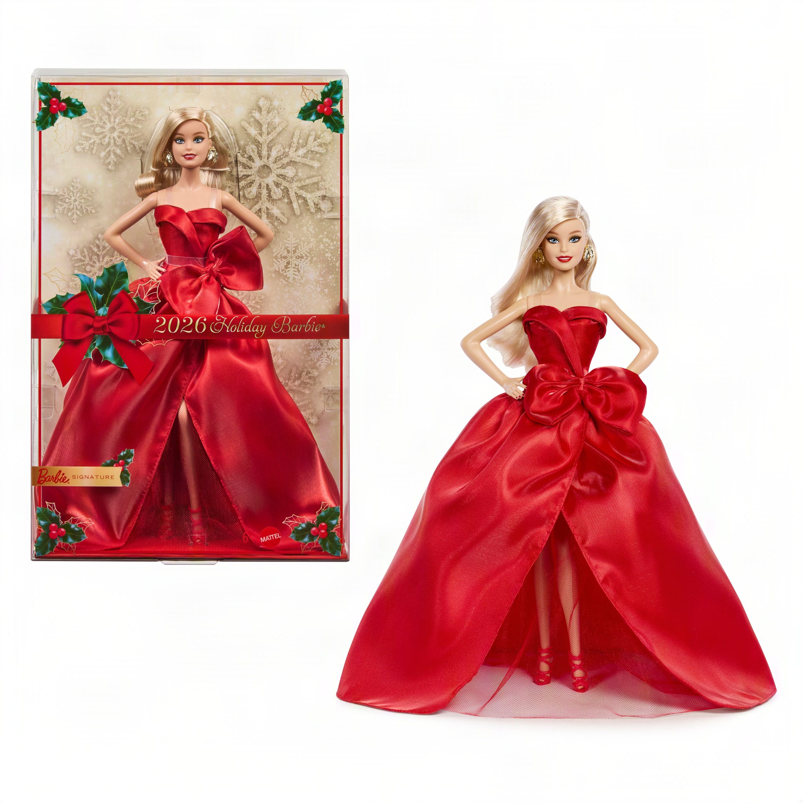 Barbie Signature 2026 Holiday Barbie Fashion Doll. Seasonal Collector. Blonde With Red Gown With Bow Detail