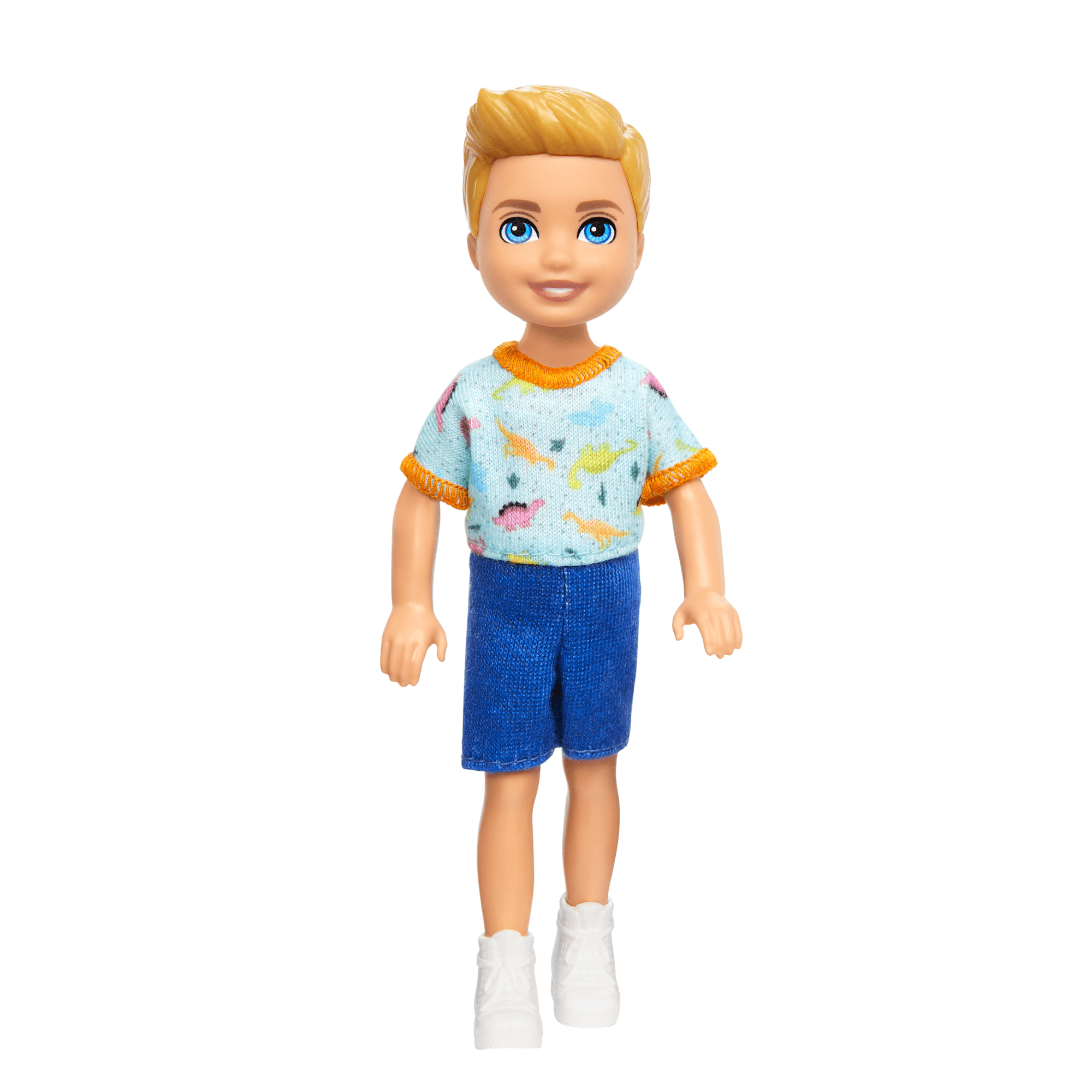 Barbie Chelsea Doll. Small Boy Doll Wearing Removable One-Piece With Dino Print. Blond Hair & Blue Eyes