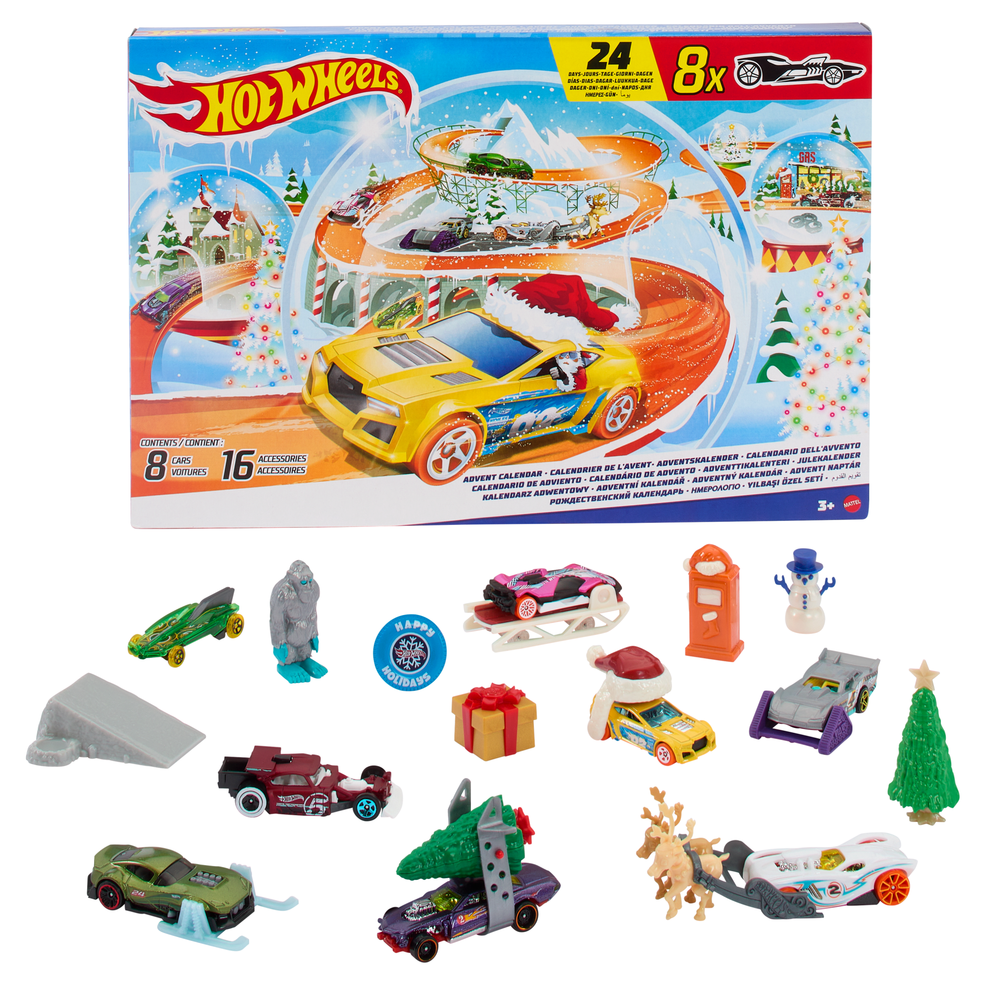 Hot Wheels Advent Calendar 2024. 8 Hot Wheels Toy Cars And 16 Accessories (24 Total Components)