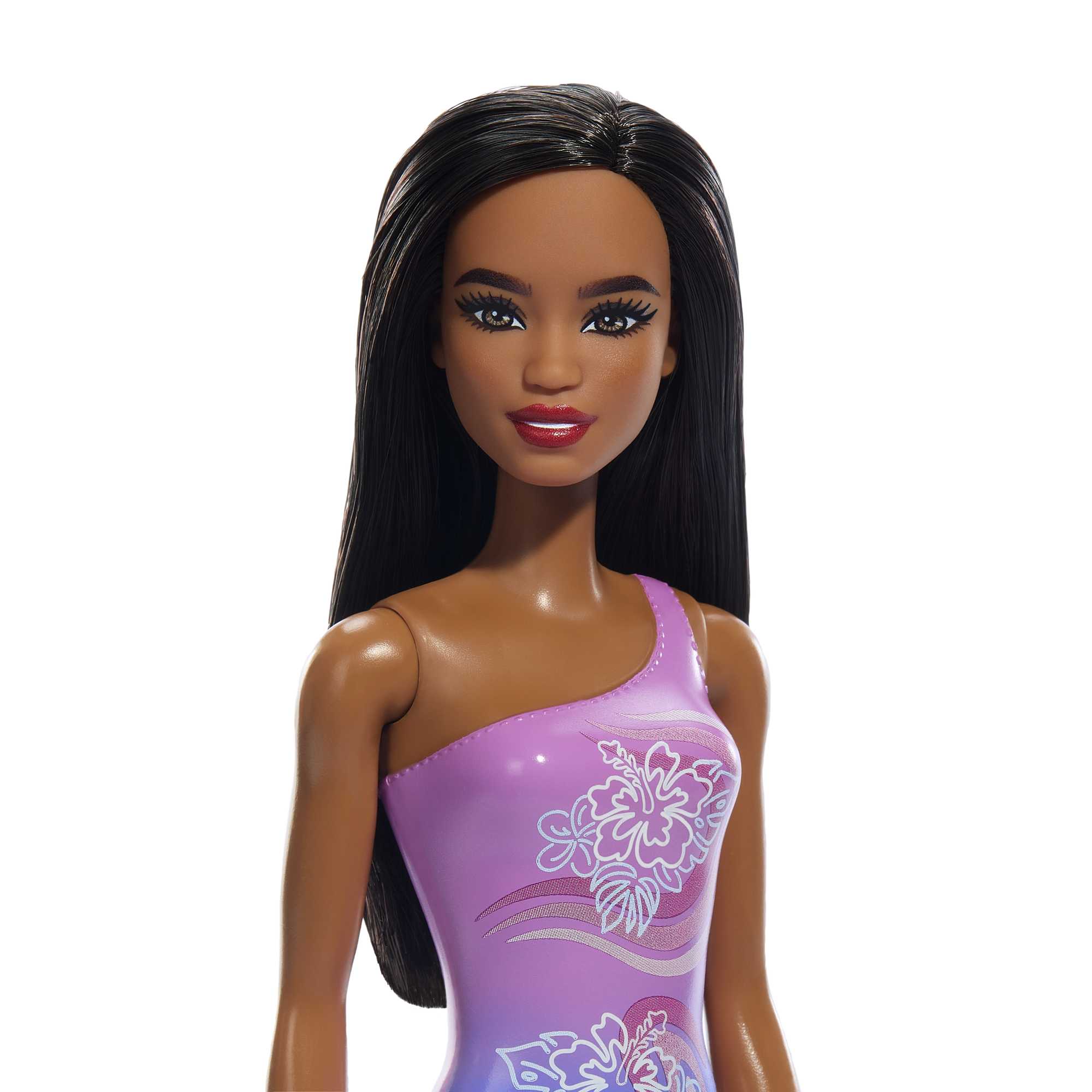 Beach Barbie Doll With Dark Brown Hair Wearing Tropical Purple Swimsuit - Image 2
