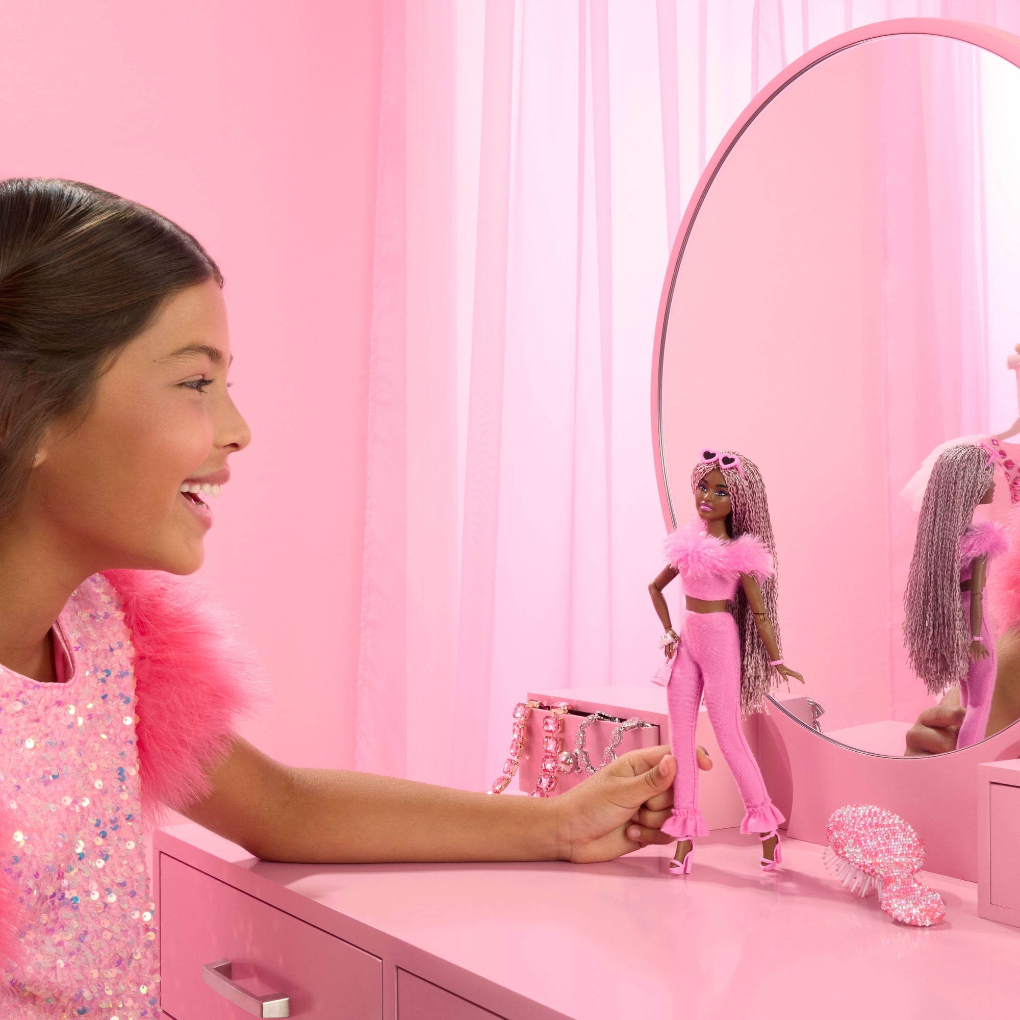 Barbie Deluxe Style Doll #4 in Soft Pink Jumpsuit. Pink And Brown Braided Hair - Image 2