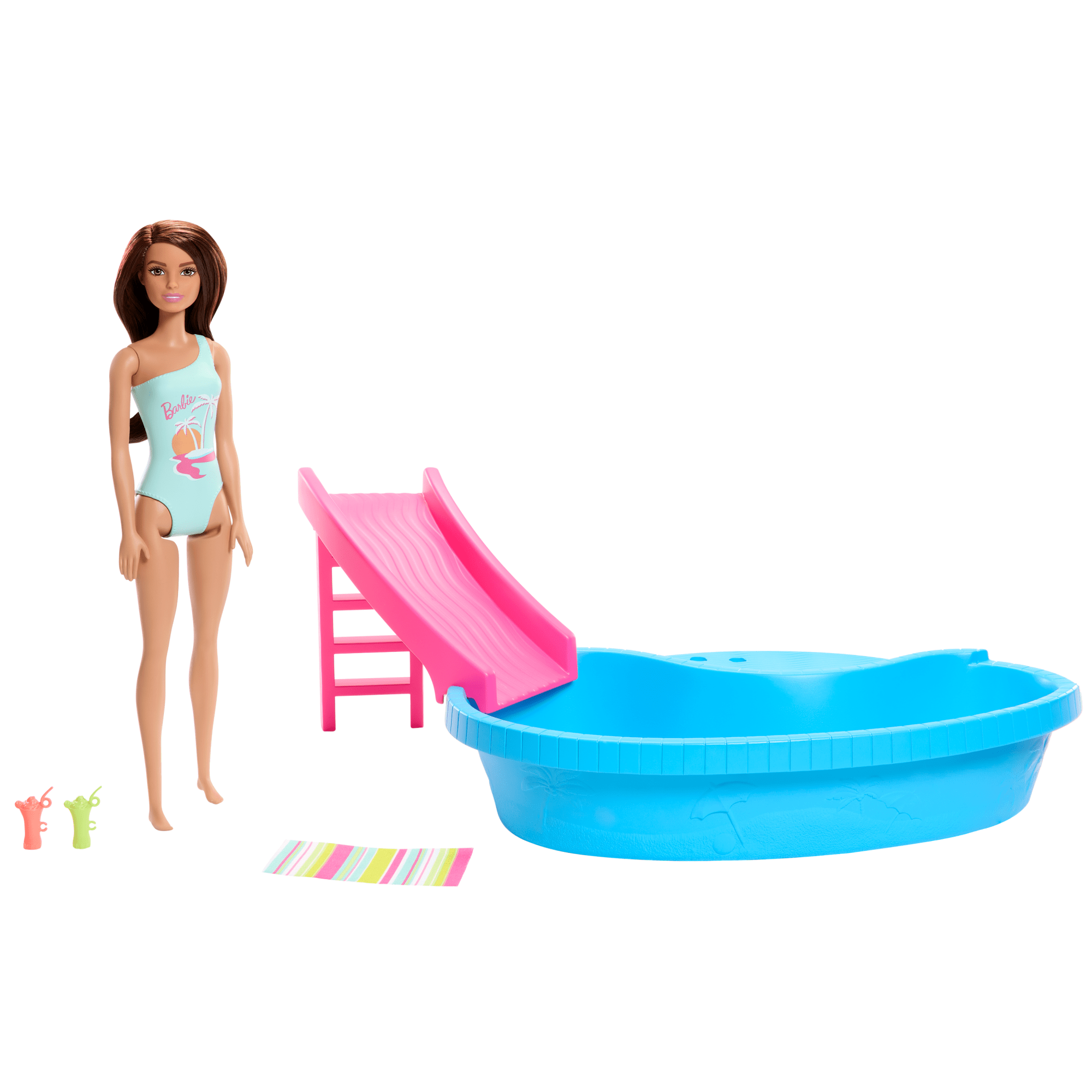 Barbie Coffret et Poupée. Brunette. Piscine. Serviette. Boissons