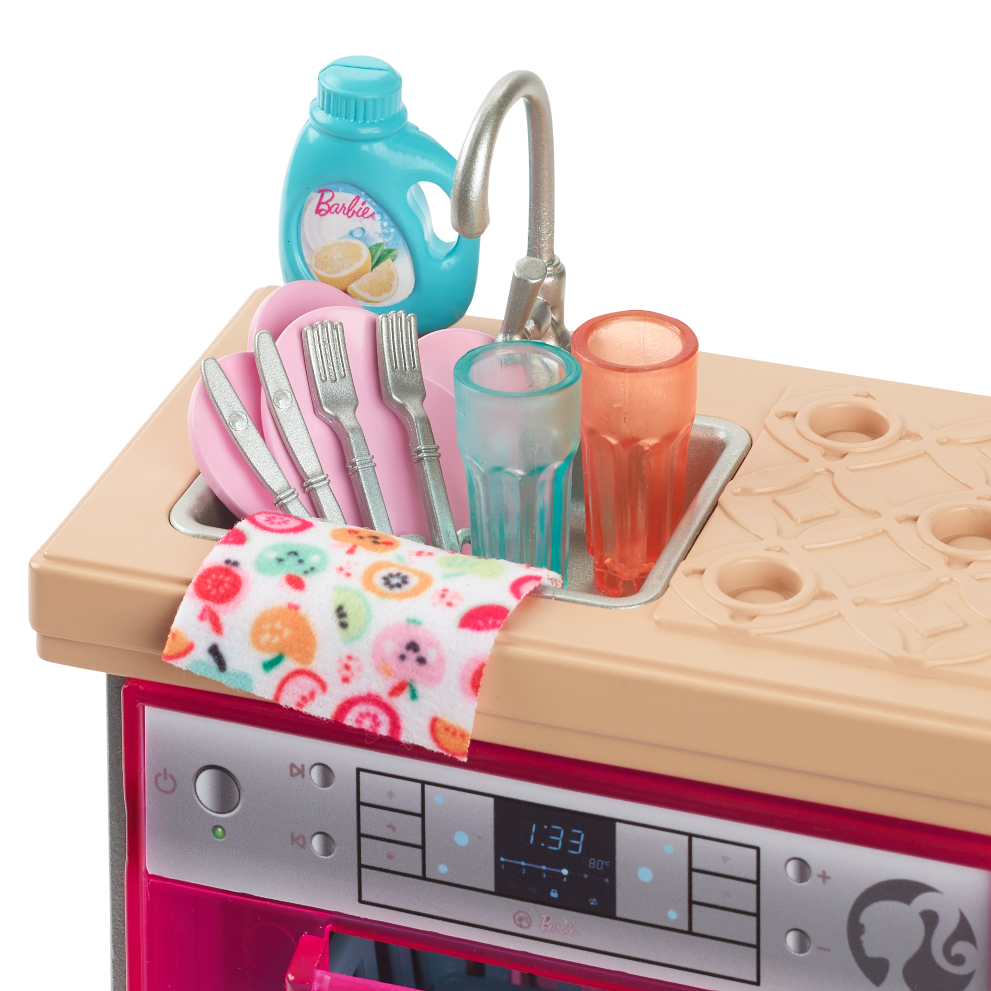Barbie World Toy Dishwasher Set With 9 Dollhouse Kitchen Accessories Including Plates. Drying Rack. & More - Image 2