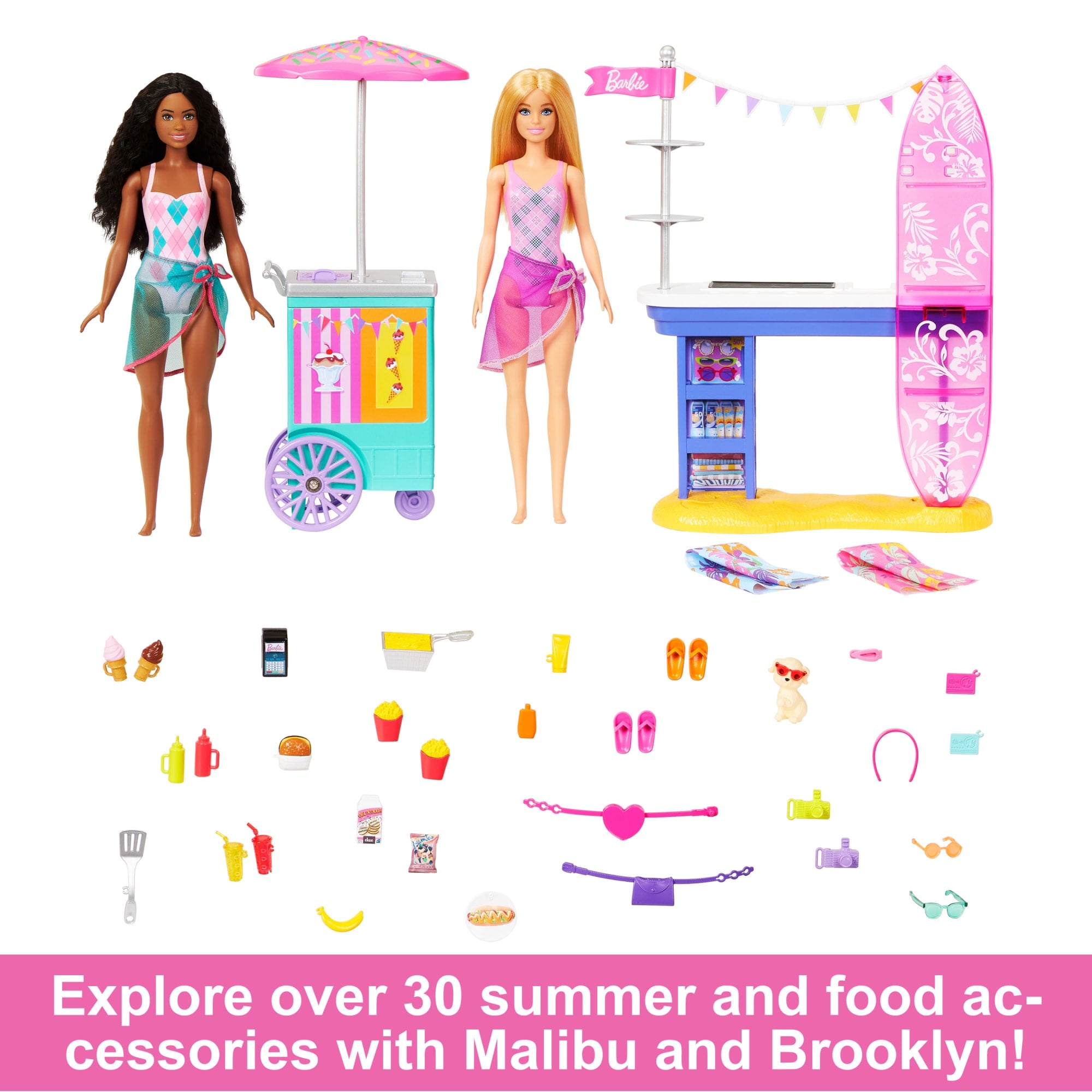 Barbie Beach Boardwalk Playset With Barbie Brooklyn & Malibu Dolls. 2 Stands & 30+ Accessories - Image 3