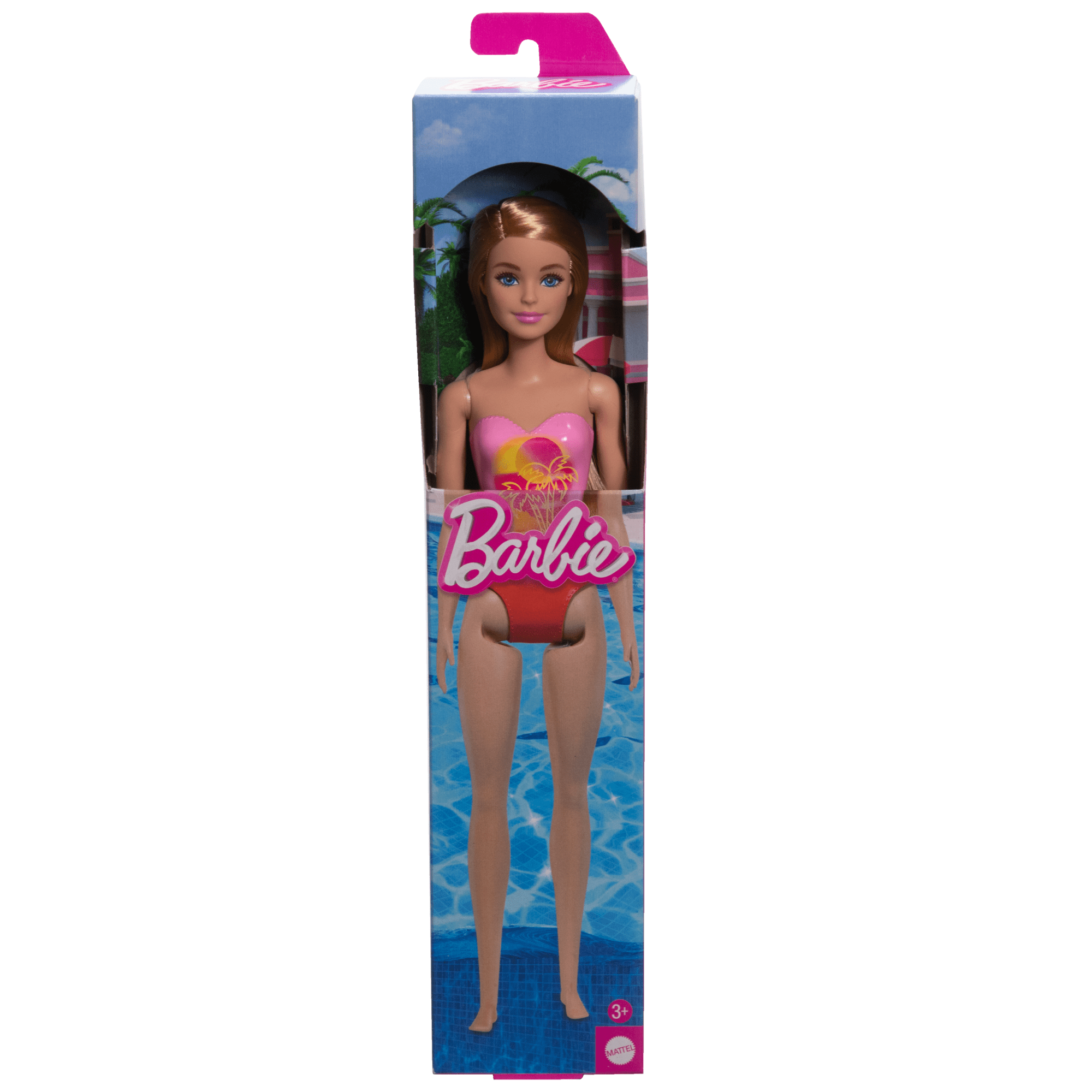 Beach Barbie Doll With Blond Hair Wearing Pink Palm Tree-Print Swimsuit - Image 5