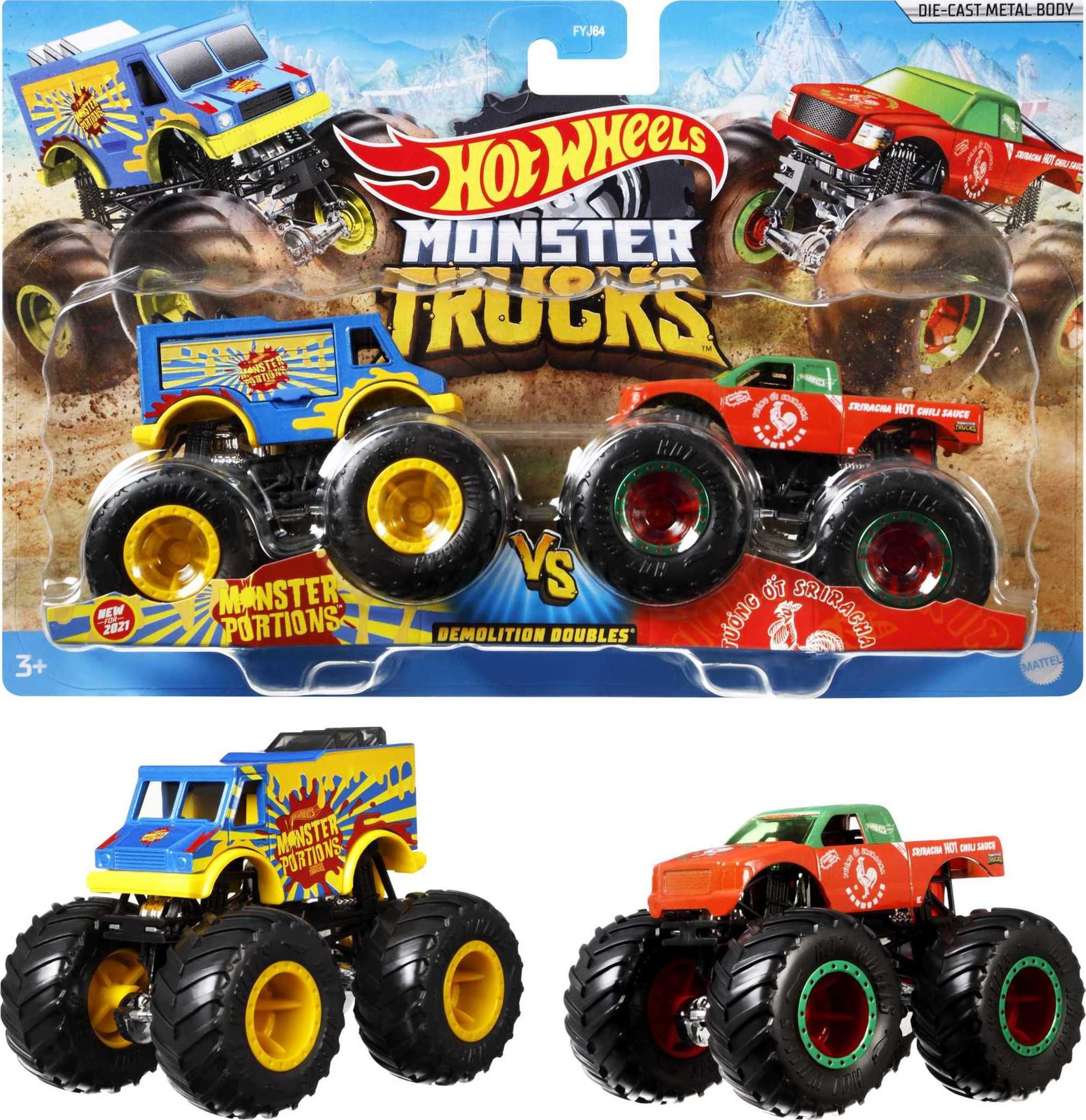 Hot Wheels Monster Trucks Veículo de Brinquedo Pacote Surpresa 2 Carros Escala 1:64