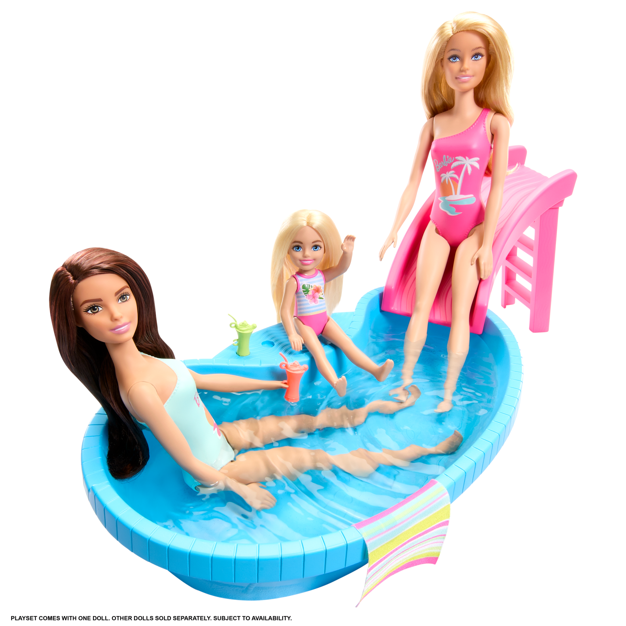 Barbie Coffret et Poupée. Brunette. Piscine. Serviette. Boissons - Image 4